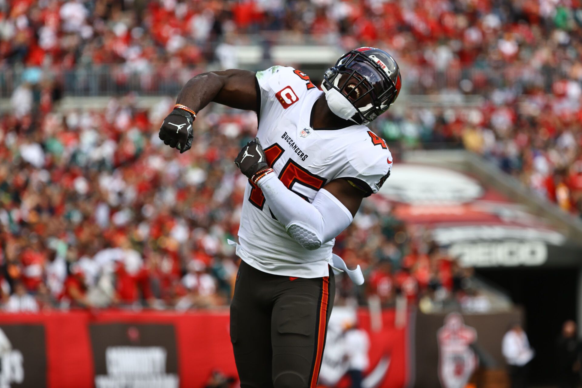 Tampa Bay Buccaneers inside linebacker Devin White (45) celebrates as he sacks Philadelphia Eagles quarterback Jalen Hurts (1) (not pictured) during the first quarter in a NFC Wild Card playoff football game at Raymond James Stadium.