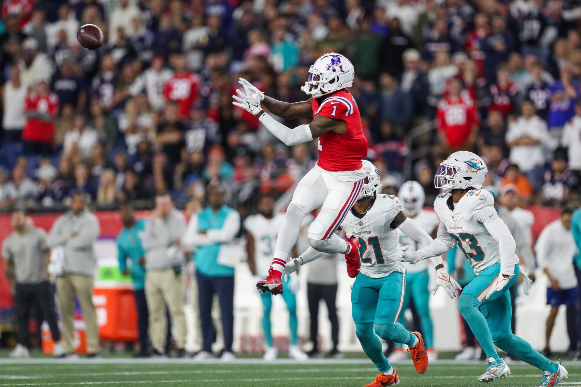 New England Patriots receiver DeVante Parker (1) catches a pass during the second half against the Miami Dolphins at Gillette Stadium.