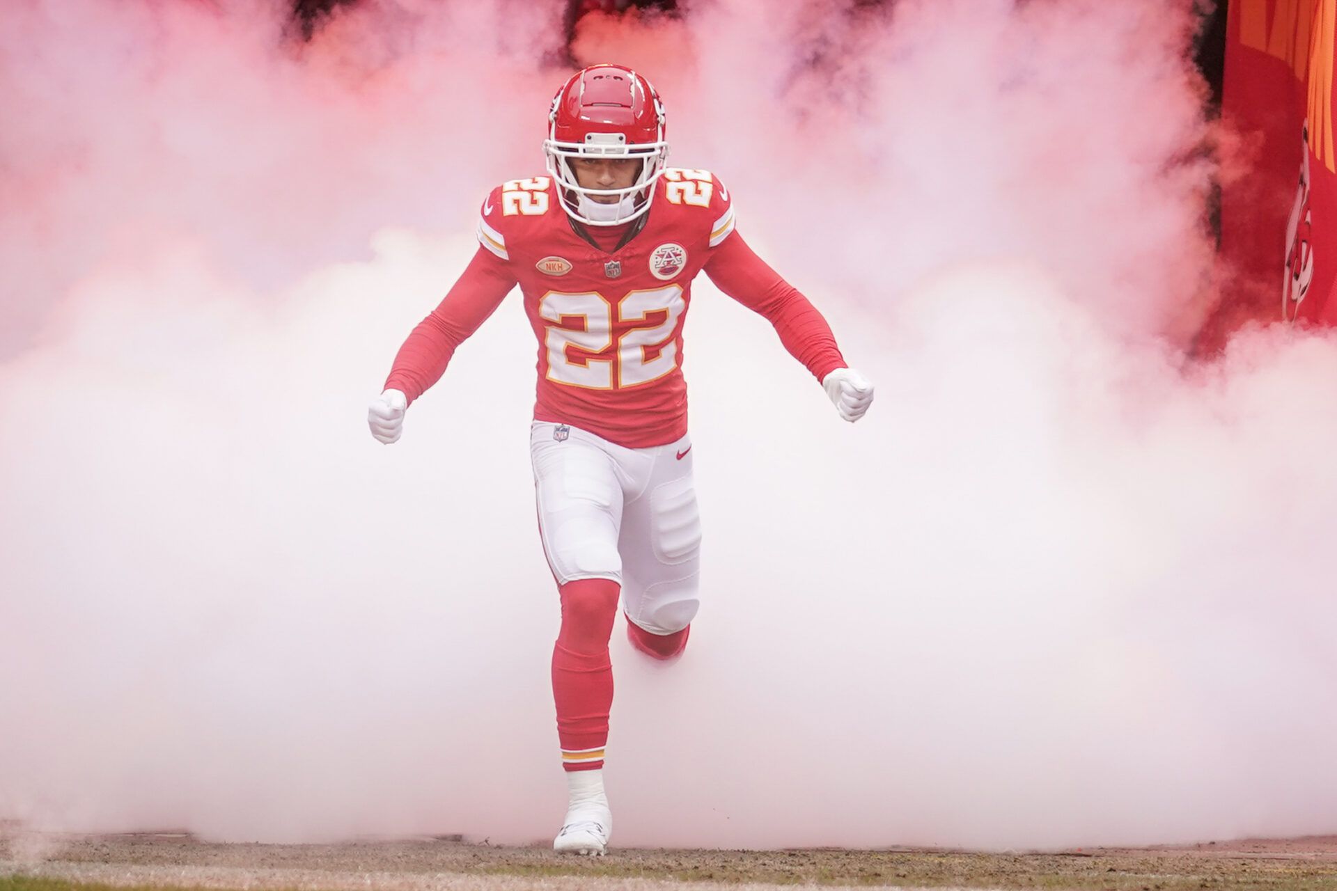 Kansas City Chiefs cornerback Trent McDuffie (22) is introduced against the Las Vegas Raiders prior to a game at GEHA Field at Arrowhead Stadium.