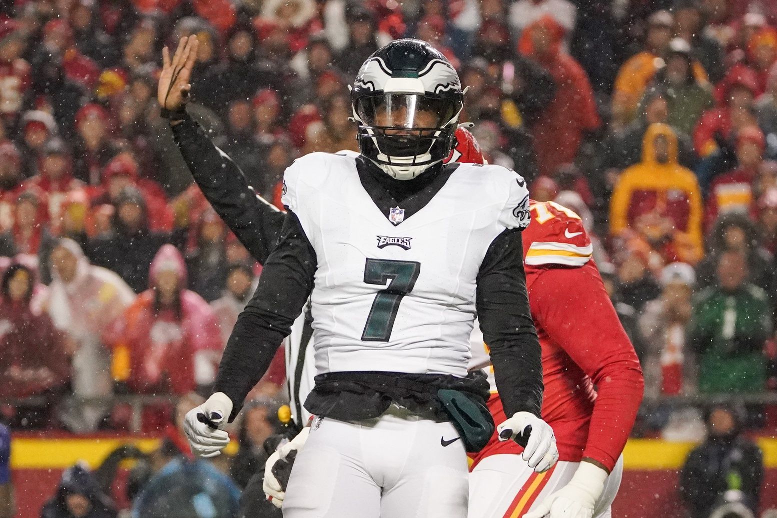 Philadelphia Eagles linebacker Haason Reddick (7) celebrates after a sack against the Kansas City Chiefs during the game at GEHA Field at Arrowhead Stadium.