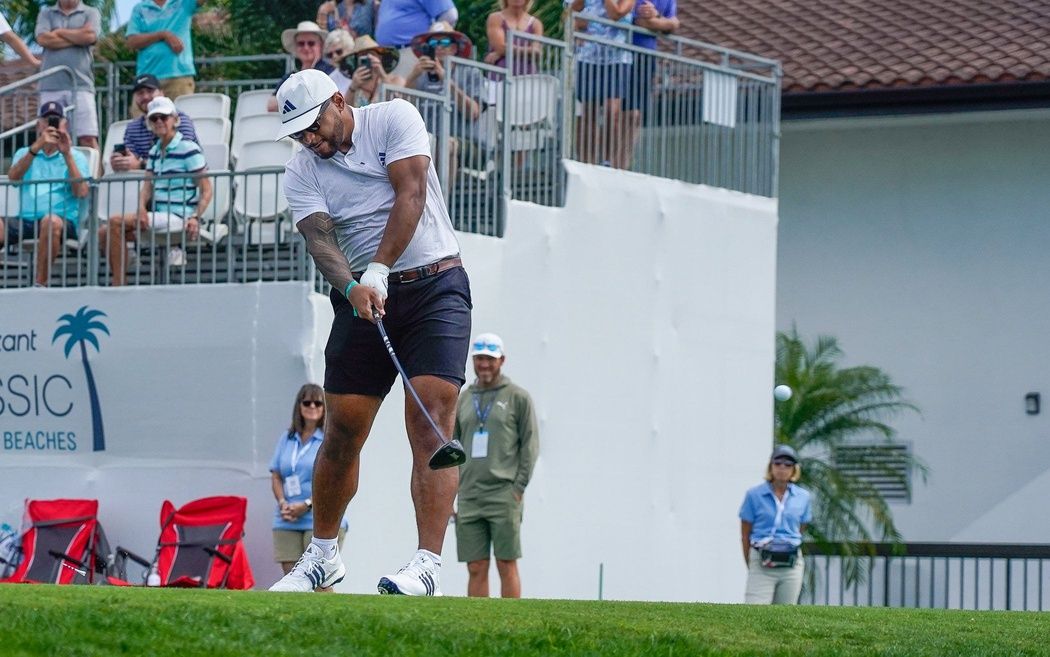 Miami Dolphins quarterback Tua Tagovailoa tees off on the first hole during the pro-am of the Cognizant Classic in The Palm Beaches at PGA National Resort & Spa on Wednesday, February 28, 2024, in Palm Beach Gardens, FL.