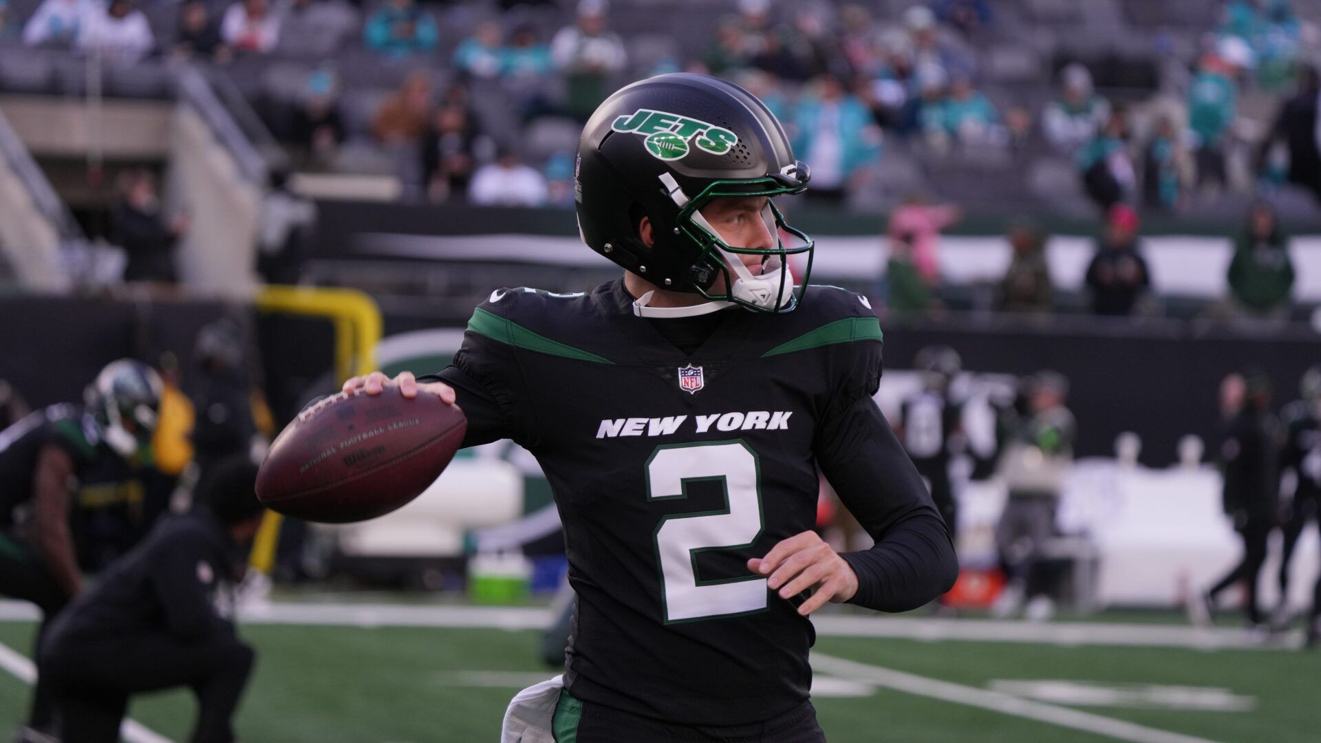 Zach Wilson of the Jets during pre game warm ups. The NY Jets host the Miami Dolphins at MetLife Stadium on November 24, 2023 in East Rutherford, NJ to play in the first “Black Friday” NFL game.