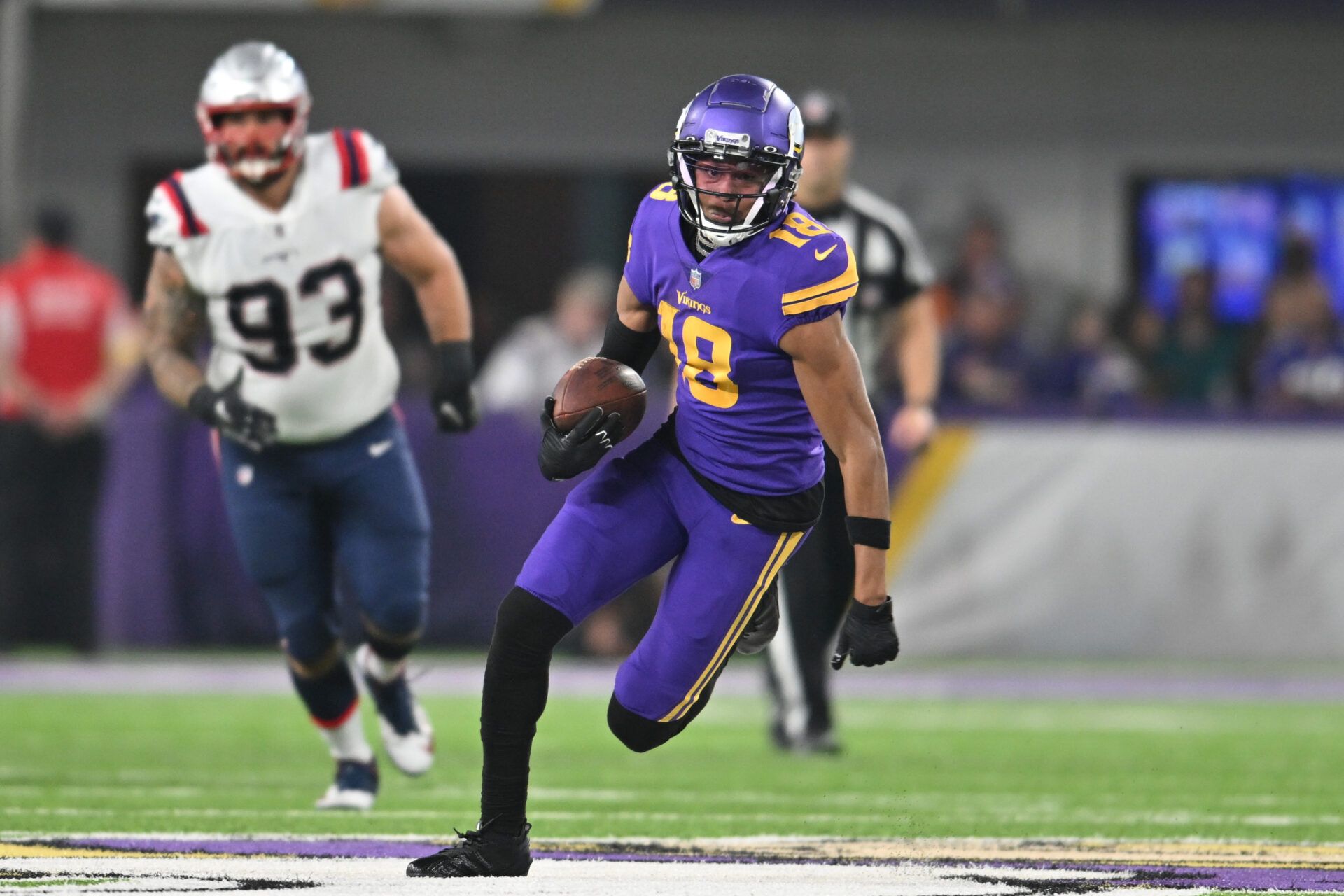 Minnesota Vikings wide receiver Justin Jefferson (18) in action during the game against the New England Patriots at U.S. Bank Stadium.