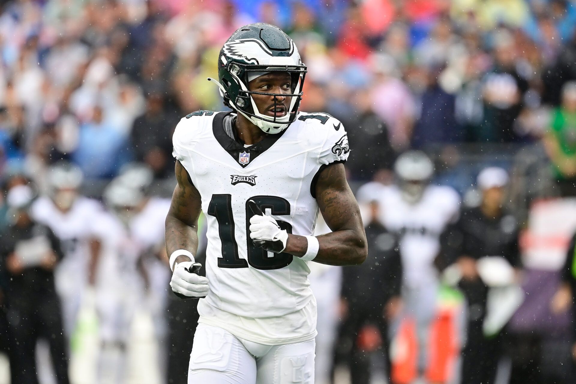 Philadelphia Eagles wide receiver Quez Watkins (16) between plays during the first half against the New England Patriots at Gillette Stadium.