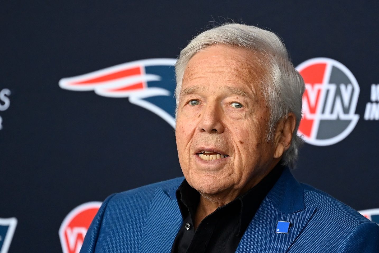 New England Patriots owner Robert Kraft answers questions from the media at a press conference at Gillette Stadium to announce the team's hiring of head coach Jerod Mayo (not pictured).