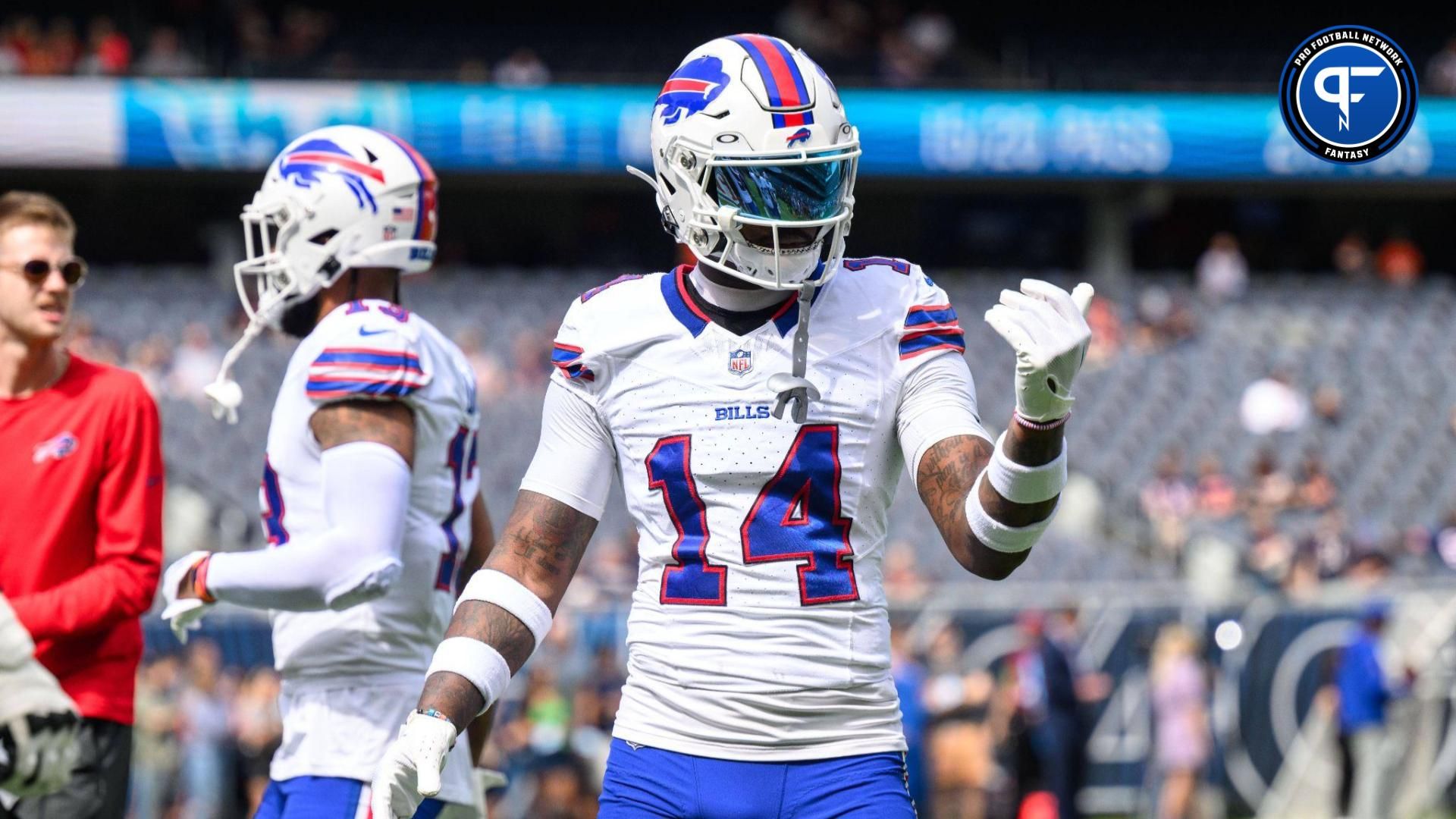 Buffalo Bills wide receiver Stefon Diggs (14) warms up before a game against the Chicago Bears at Soldier Field.
