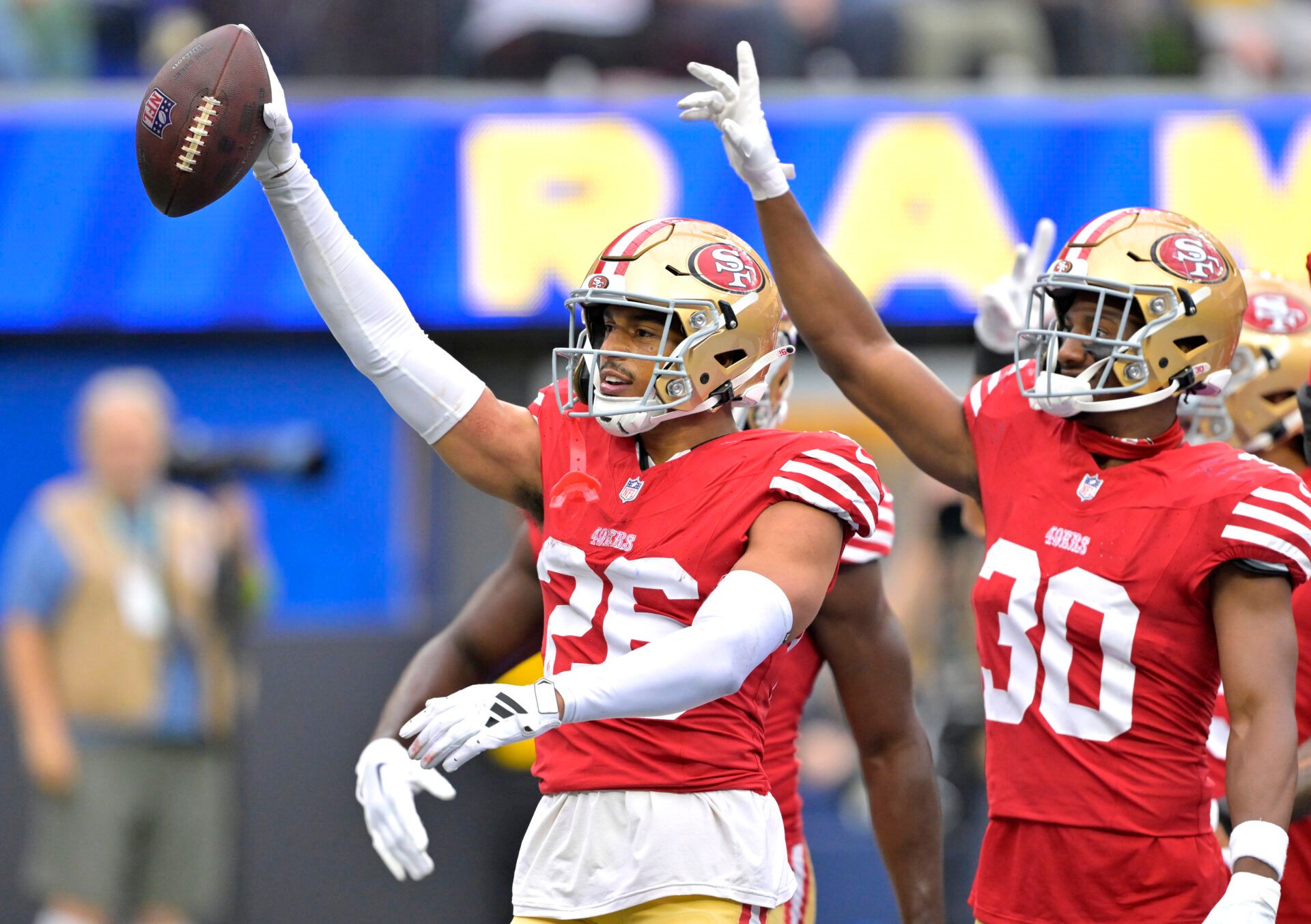 San Francisco 49ers safety Talanoa Hufanga (29) celebrates after an interception in the second half against the Los Angeles Rams at SoFi Stadium.