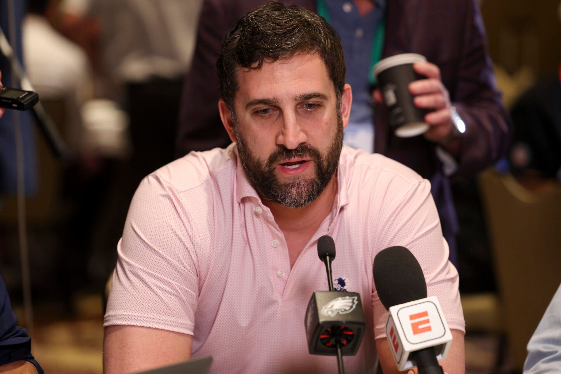 Philadelphia Eagles head coach Nick Sirianni speaks to media during the NFL annual league meetings at the JW Marriott.