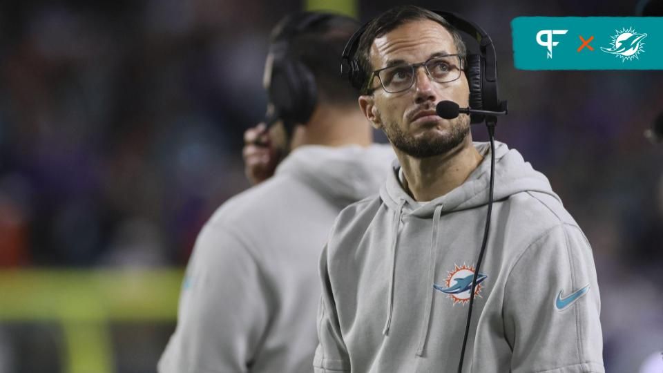 Miami Dolphins head coach Mike McDaniel looks on against the Buffalo Bills during the second quarter at Hard Rock Stadium.