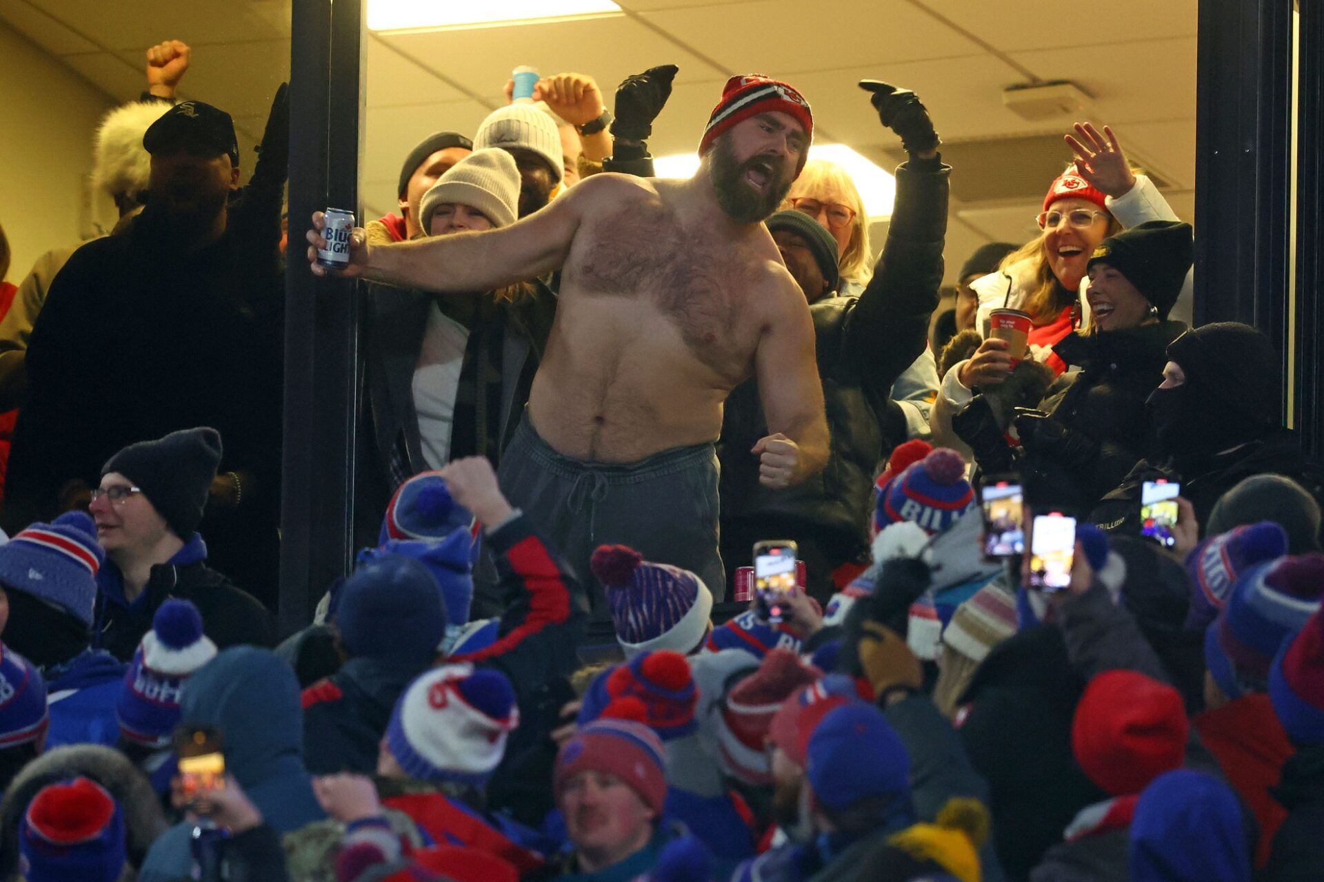 Jason Kelce reacts after the Kansas City Chiefs score against the Buffalo Bills during the first half for the 2024 AFC divisional round game at Highmark Stadium.