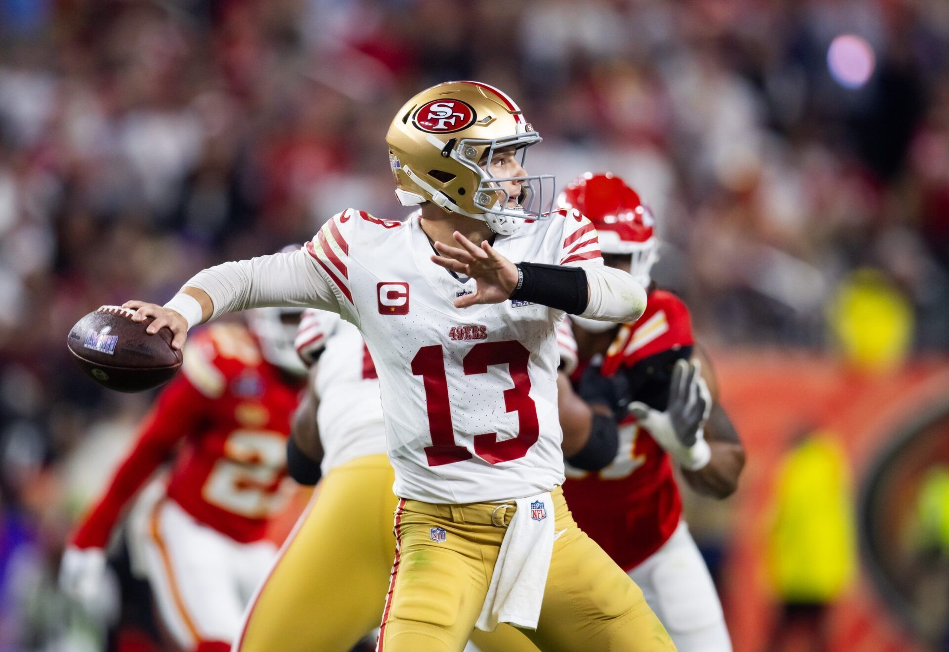 San Francisco 49ers QB Brock Purdy (13) throws a pass against the Kansas City Chiefs in the Super Bowl.