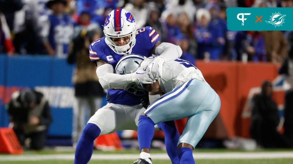 Buffalo Bills safety Jordan Poyer (21) makes a tackle on Dallas Cowboys wide receiver Brandin Cooks (3).