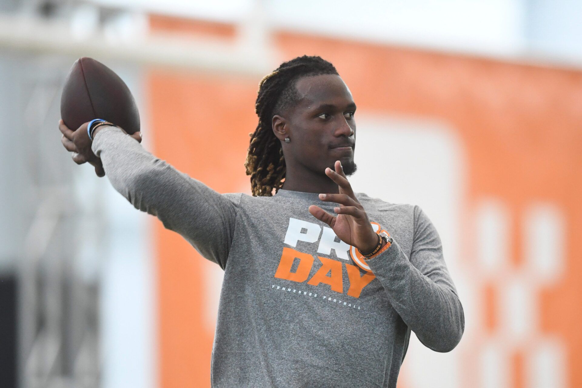 Joe Milton throws a pass at Tennessee Pro-Day in Knoxville, Tenn., Wednesday, March 27, 2024.