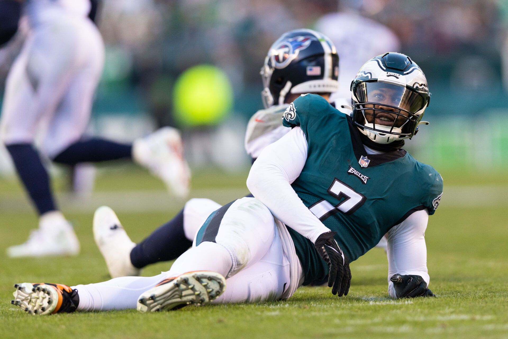 Philadelphia Eagles linebacker Haason Reddick (7) sits on the field after a defensive play against the Tennessee Titans during the fourth quarter at Lincoln Financial Field.