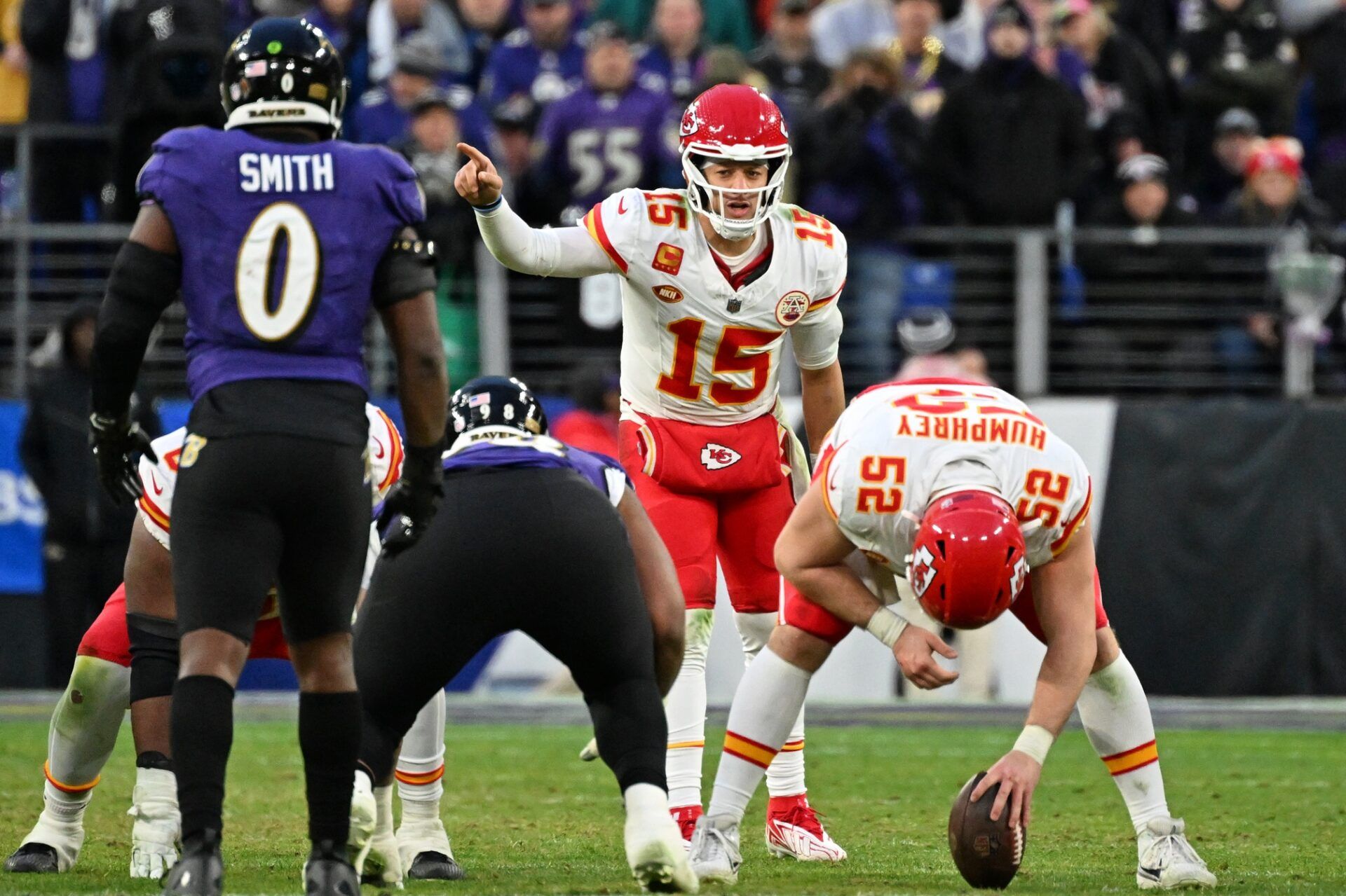 Kansas City Chiefs QB Patrick Mahomes (15) before the ball is snapped against the Baltimore Ravens.