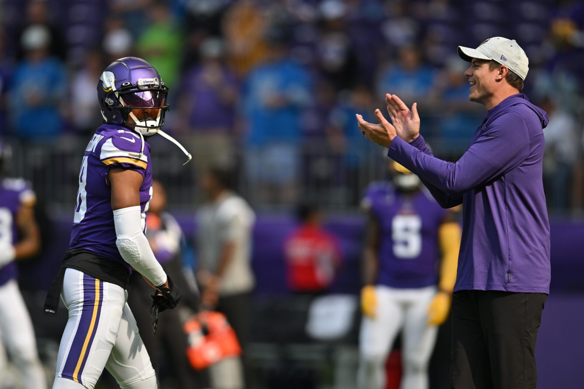 Sep 25, 2022; Minneapolis, Minnesota, USA; Minnesota Vikings head coach Kevin O'Connell with wide receiver Justin Jefferson (18) before the game against the Detroit Lions at U.S. Bank Stadium. Mandatory Credit: Jeffrey Becker-USA TODAY Sports