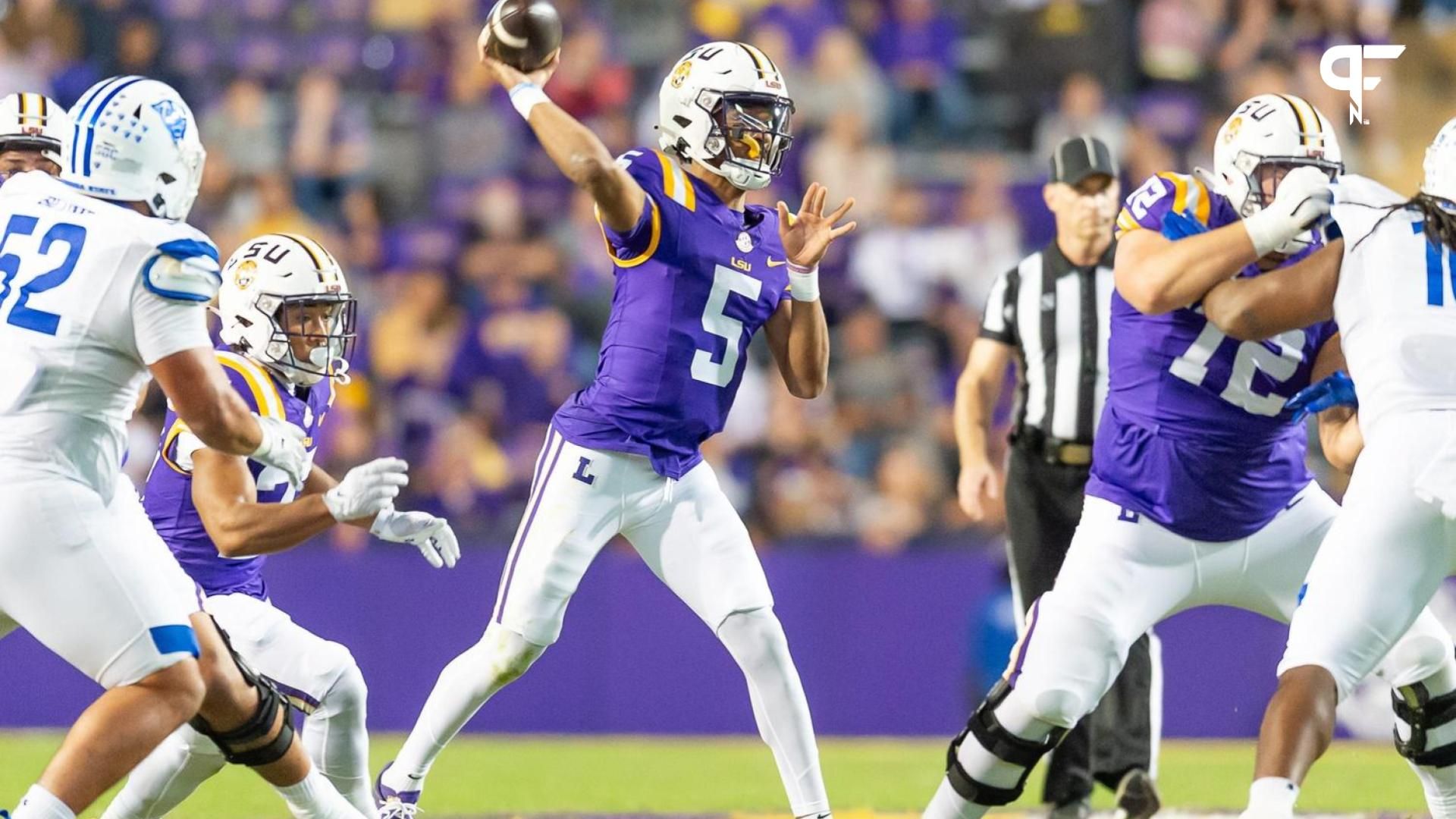 LSU Tigers QB Jayden Daniels (5) throws a pass against Georgia State.