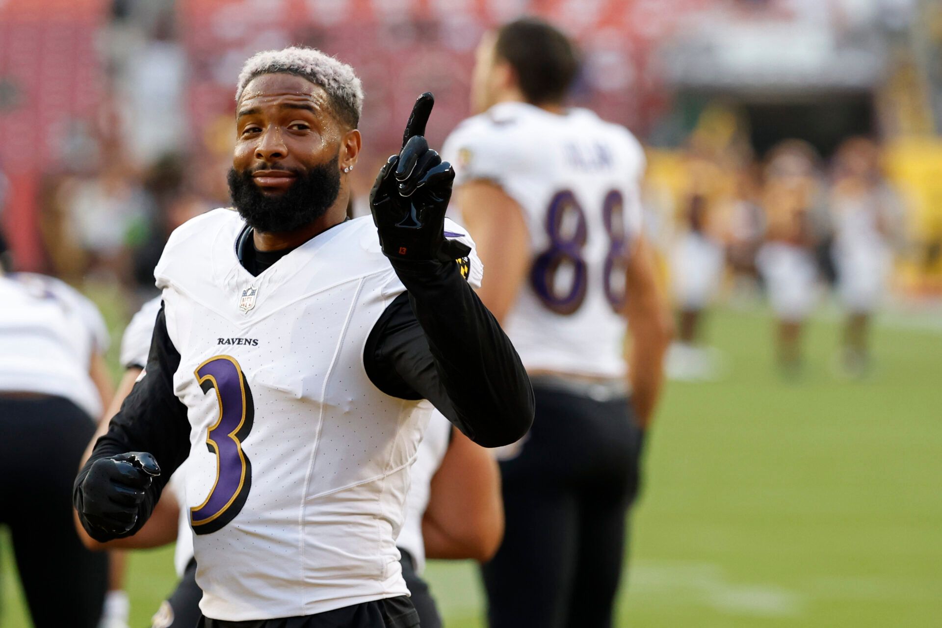 Aug 21, 2023; Landover, Maryland, USA; Baltimore Ravens wide receiver Odell Beckham Jr. (3) gestures on the field during warmups prior to their game against the Washington Commanders at FedExField. Mandatory Credit: Geoff Burke-USA TODAY Sports