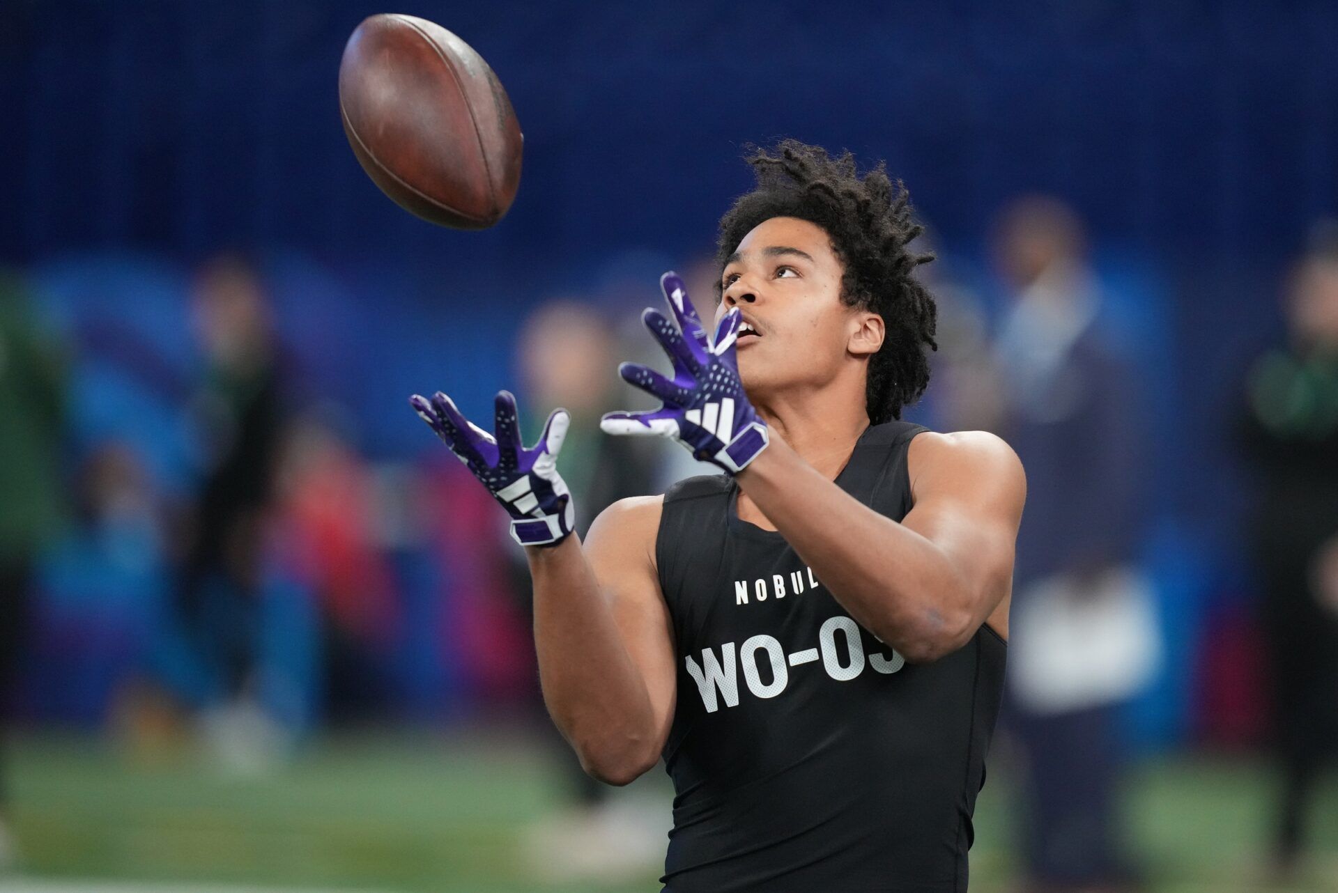 Holy Cross wide receiver Jalen Coker (WO03) during the 2024 NFL Combine at Lucas Oil Stadium.