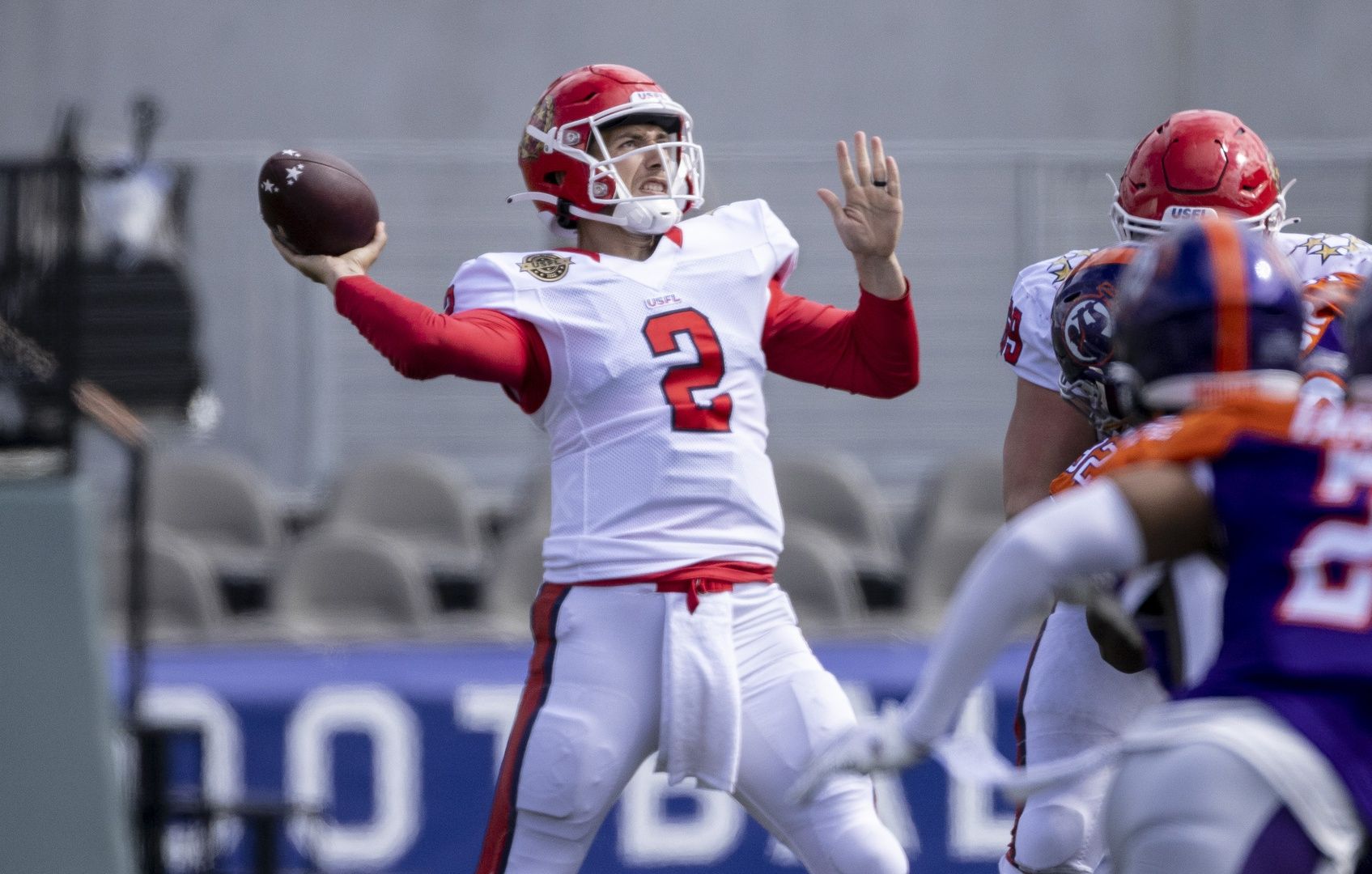 New Jersey Generals quarterback Luis Perez (2) throws against the New Jersey Generals during the second half at Protective Stadium.