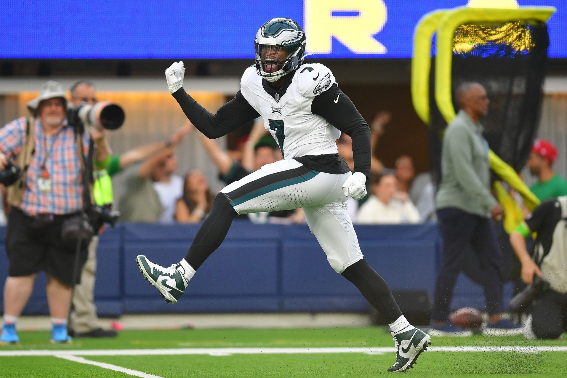 Philadelphia Eagles linebacker Haason Reddick (7) celebrates after sacking Los Angeles Rams quarterback Matthew Stafford (9).