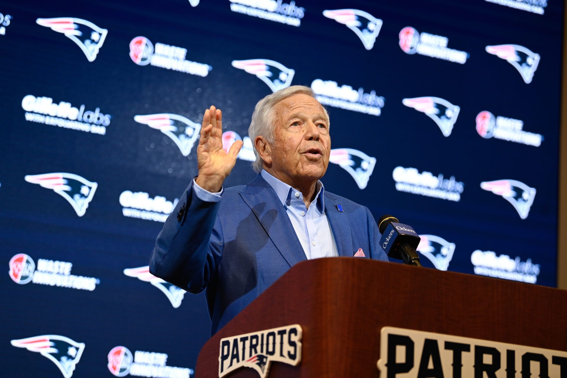 New England Patriots owner Robert Kraft holds a press conference at Gillette Stadium to answer questions about former head coach Bill Belichick's (not pictured) exit from the team.