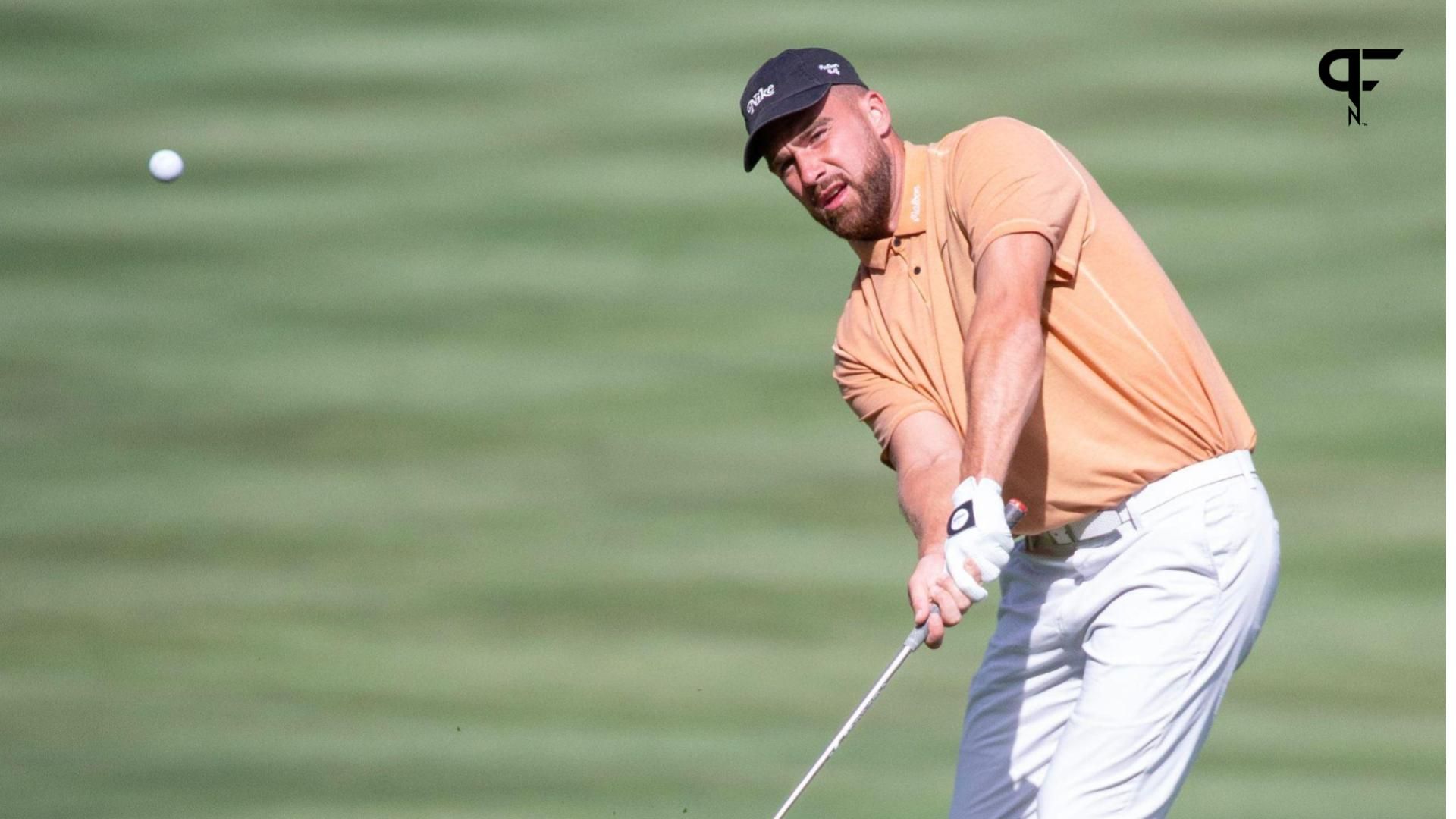 Travis Kelce hits an approach shot during the final round of the American Century Celebrity Championship golf tournament at Edgewood Tahoe Golf Course in Stateline, Nevada.