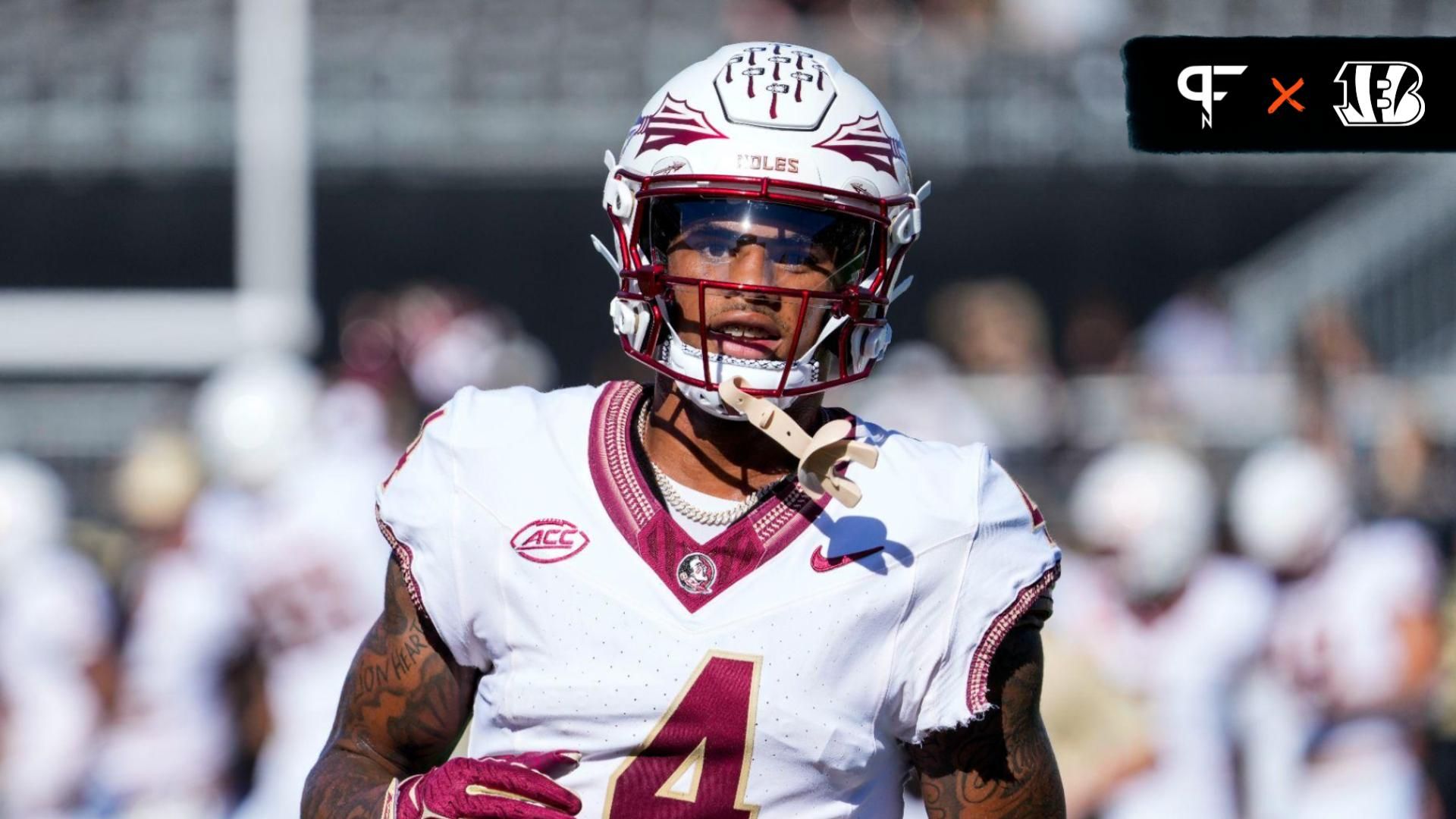 Florida State Seminoles wide receiver Keon Coleman (4) warms up during the first half against the Wake Forest Demon Deacons at Allegacy Federal Credit Union Stadium.