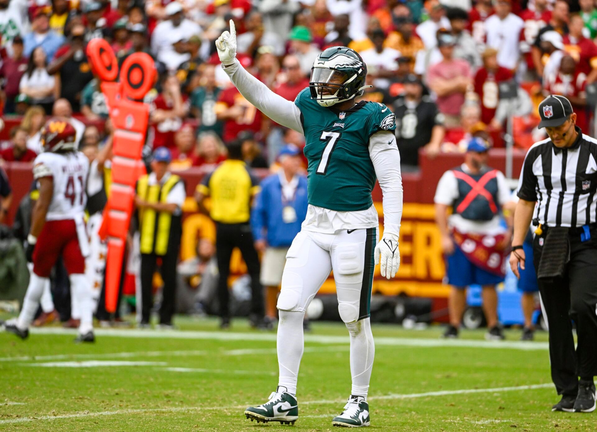 Philadelphia Eagles linebacker Haason Reddick (7) reacts against the Washington Commanders during the second half at FedExField.