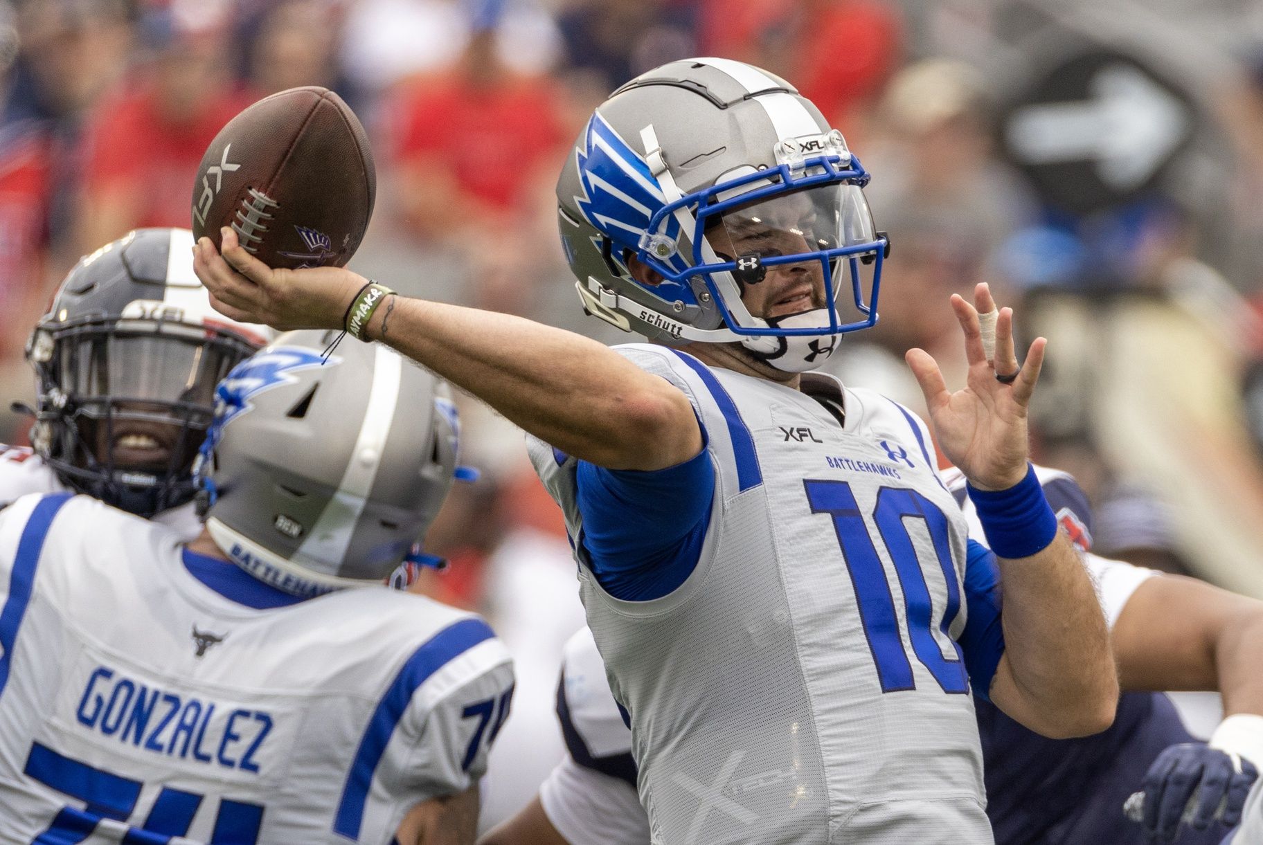 Louis Battlehawks quarterback A.J. McCarron (10) passes against the Houston Roughnecks St. in the first quarter at TDECU Stadium.