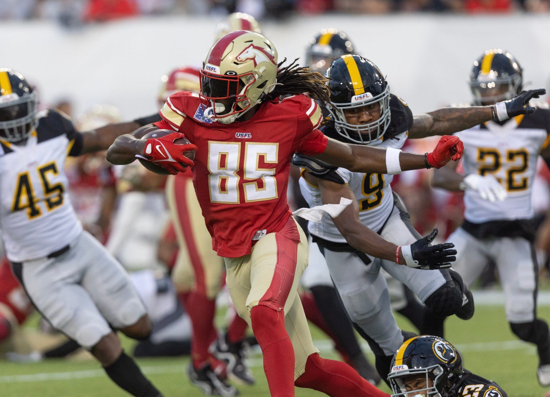 Birmingham Stallions receiver Deon Cain, runs for a a gain in the second half against the Pittsburgh Maulers during the USFL Championship Game at Tom Benson Hall of Fame Stadium, Saturday, July 1, 2023, in Canton.