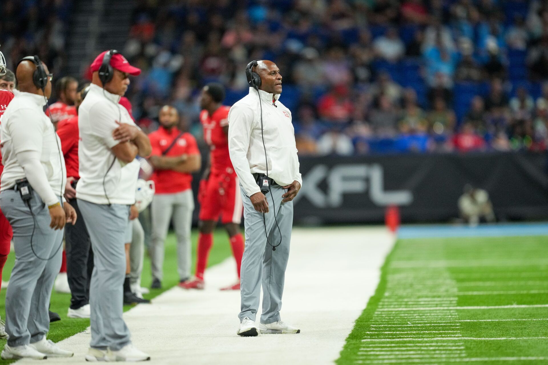 DC Defenders head coach Reggie Barlow looks on in the second half against the Arlington Renegades at the Alamodome.