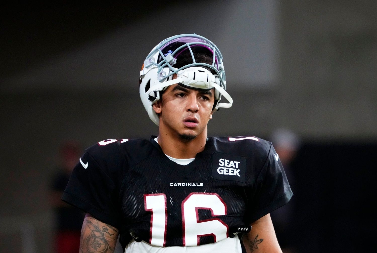 Aug 9, 2022; Glendale, Arizona, USA; Arizona Cardinals quarterback Jarrett Guarantano (16) during training camp at State Farm Stadium.