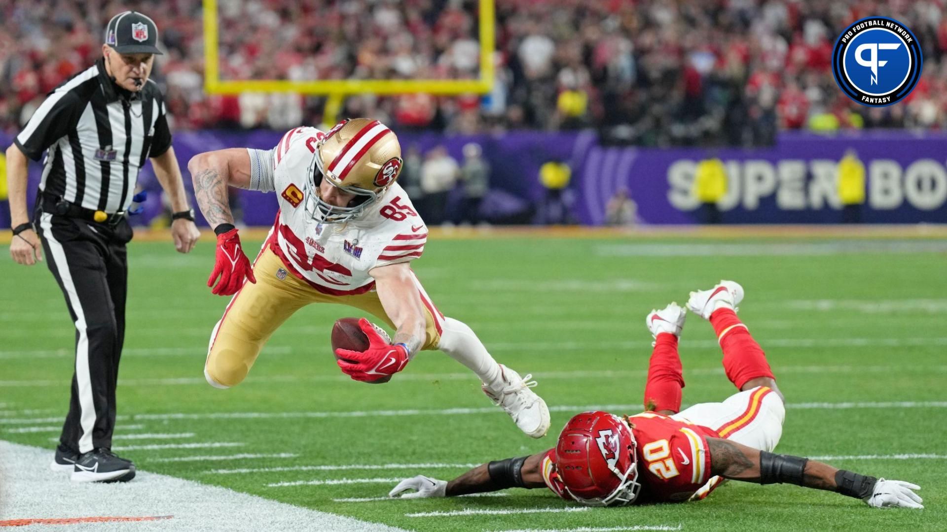 San Francisco 49ers TE George Kittle (85) dives for extra yardage against the Kansas City Chiefs in the Super Bowl.