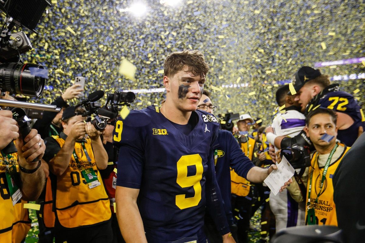 Michigan quarterback J.J. McCarthy celebrates after the 34-13 win over Washington to win the national championship game at NRG Stadium in Houston on Monday, Jan. 8, 2024.