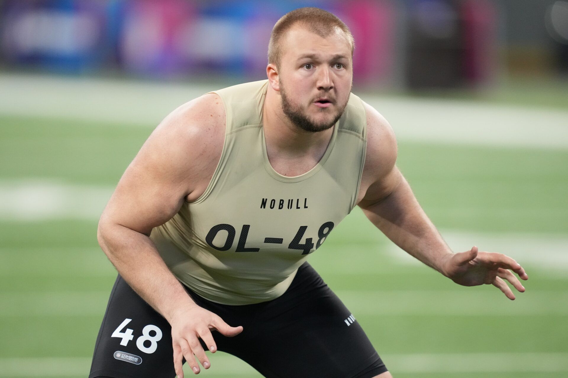 South Dakota State offensive lineman Mason McCormick performing drills at the NFL Scouting Combine.