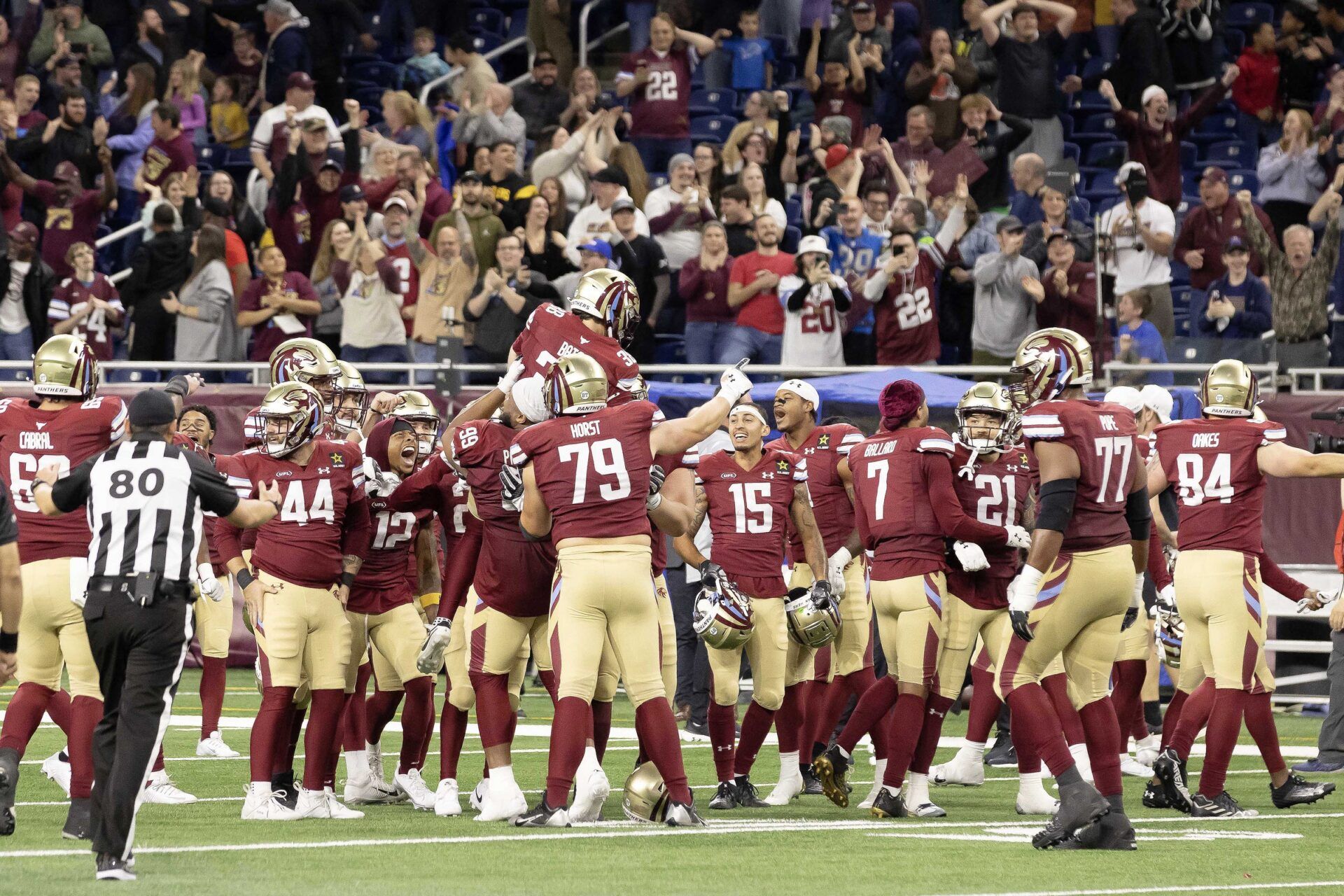 Michigan Panthers kicker Jake Bates (38) celebrates with teammates after kicking the game winning field goal against the St. Louis Battlehawks.