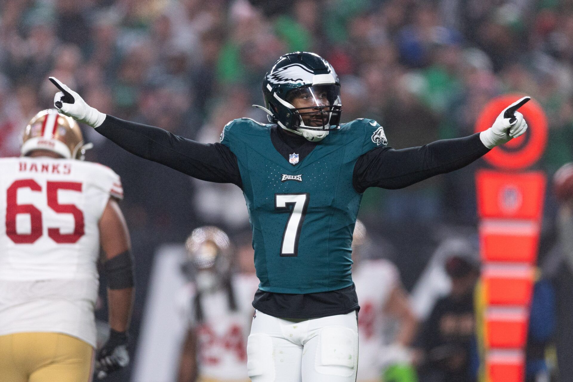 Philadelphia Eagles linebacker Haason Reddick (7) reacts after a defensive stop against the San Francisco 49ers during the first quarter at Lincoln Financial Field.