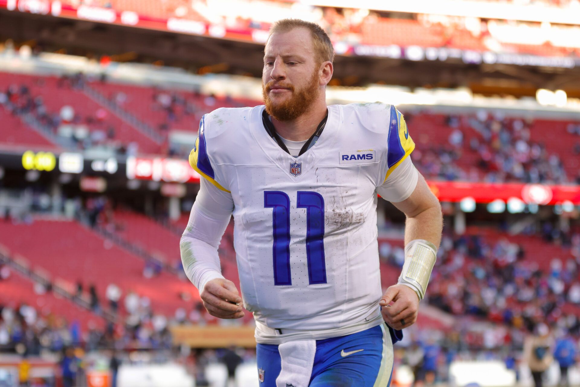 Los Angeles Rams quarterback Carson Wentz (11) after the game against the San Francisco 49ers at Levi's Stadium.