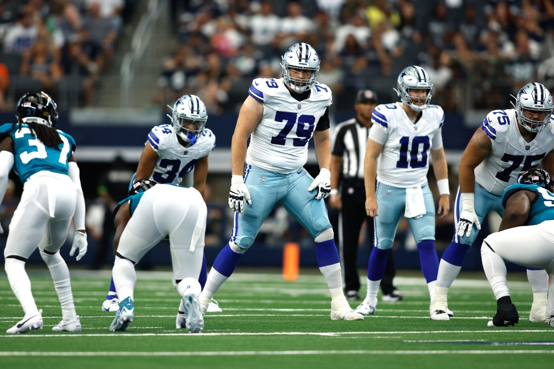 Dallas Cowboys offensive tackle Matt Waletzko (79) at the line of scrimmage in the game against the Jacksonville Jaguars at AT&T Stadium.