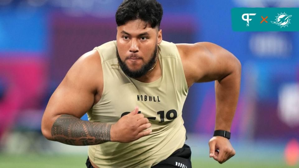 Washington offensive lineman Troy Fautanu (OL19) during the 2024 NFL Combine at Lucas Oil Stadium.