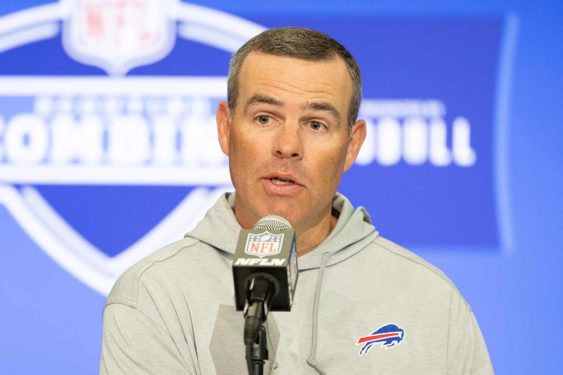 Buffalo Bills general manager Brandon Beane talks to the media at the 2024 NFL Combine at Indiana Convention Center.