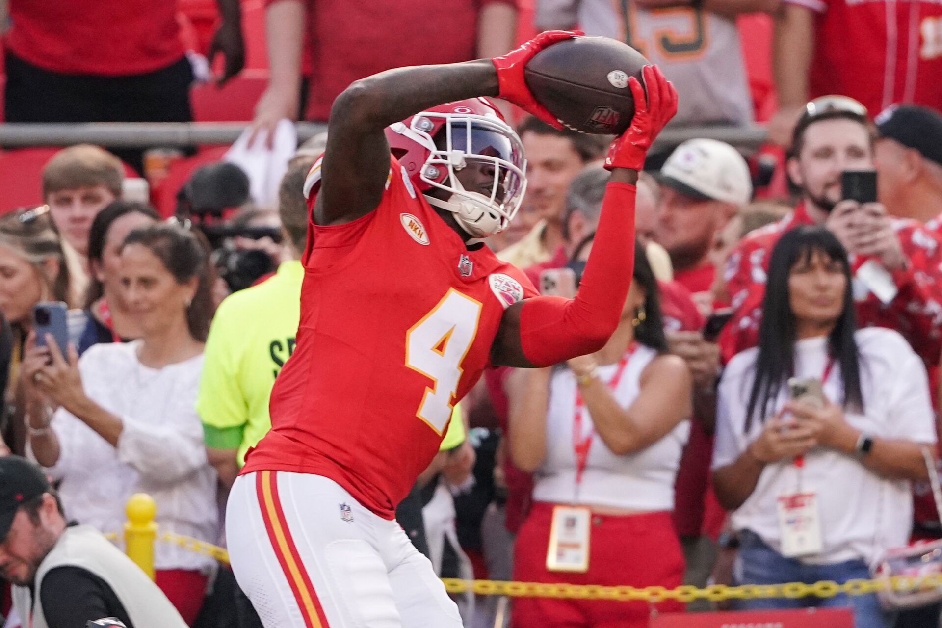 Kansas City Chiefs wide receiver Rashee Rice (4) warms up against the Detroit Lions prior to a game at GEHA Field at Arrowhead Stadium.