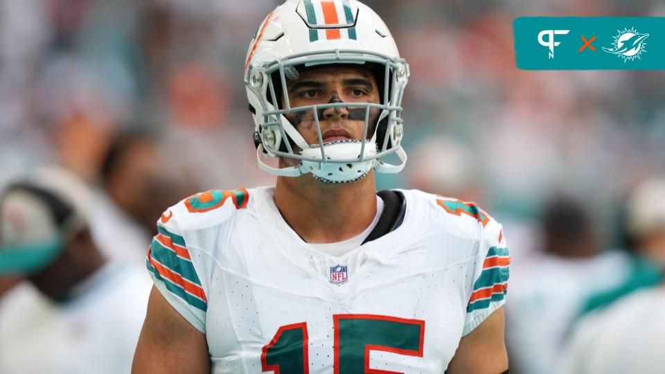 Miami Dolphins linebacker Jaelan Phillips (15) walks on the sidelines during the second half against the New England Patriots at Hard Rock Stadium.