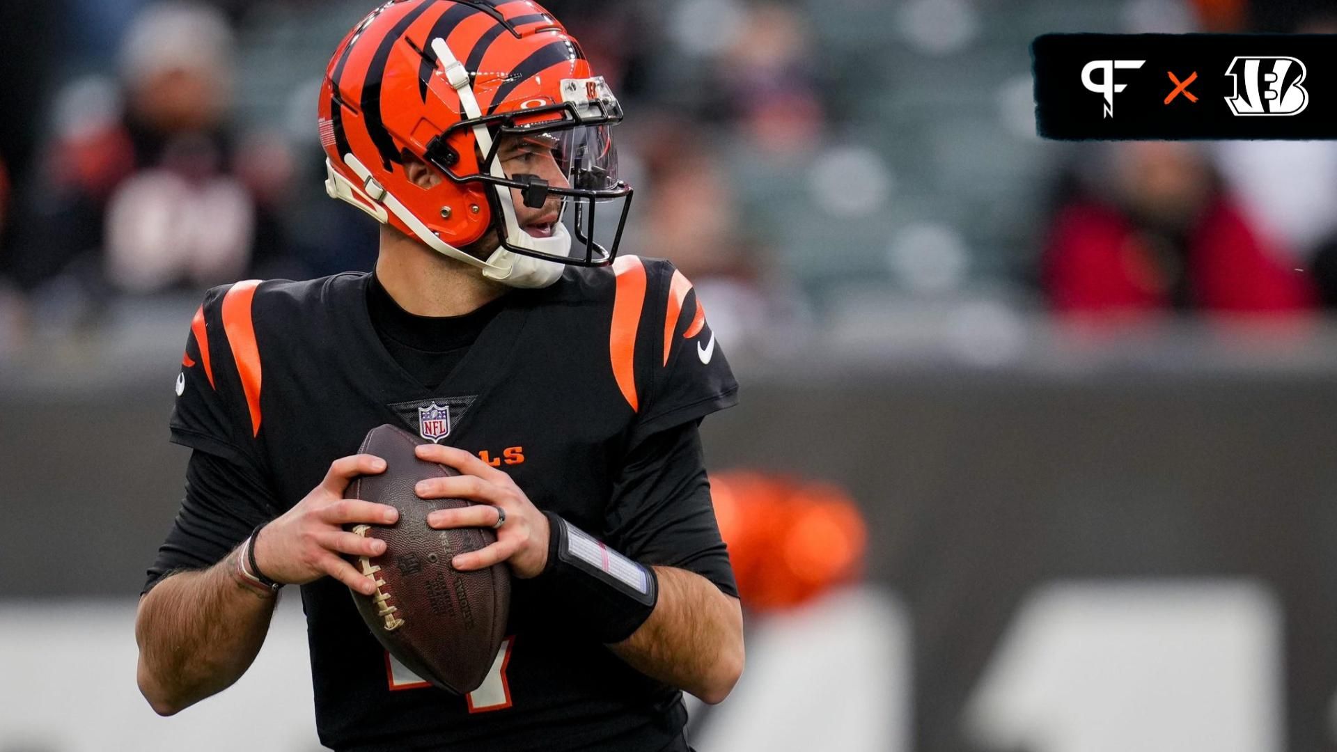 Cincinnati Bengals quarterback AJ McCarron (4) drops back to throw in the fourth quarter of the NFL Week 18 game between the Cincinnati Bengals and the Cleveland Browns at Paycor Stadium in downtown C...