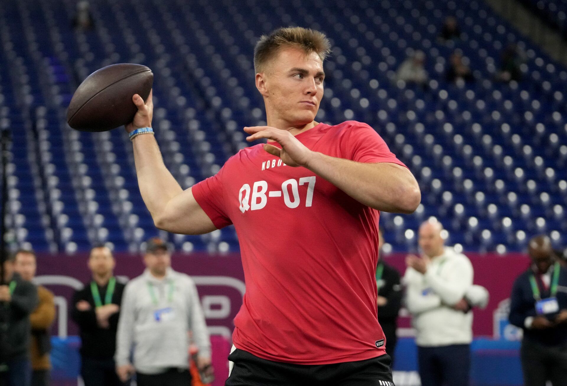 Oregon quarterback Bo Nix (QB07) during the 2024 NFL Combine at Lucas Oil Stadium.