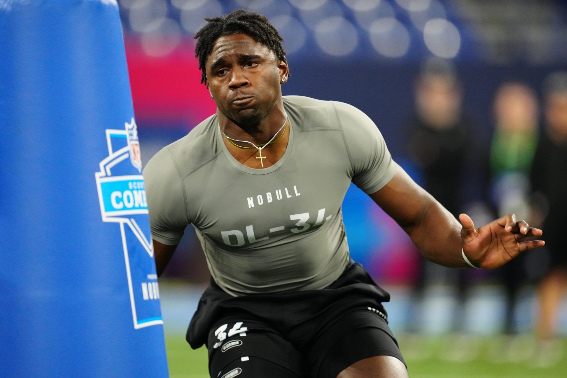 Houston Christian defensive lineman Jalyx Hunt (DL34) works out during the 2024 NFL Combine at Lucas Oil Stadium.