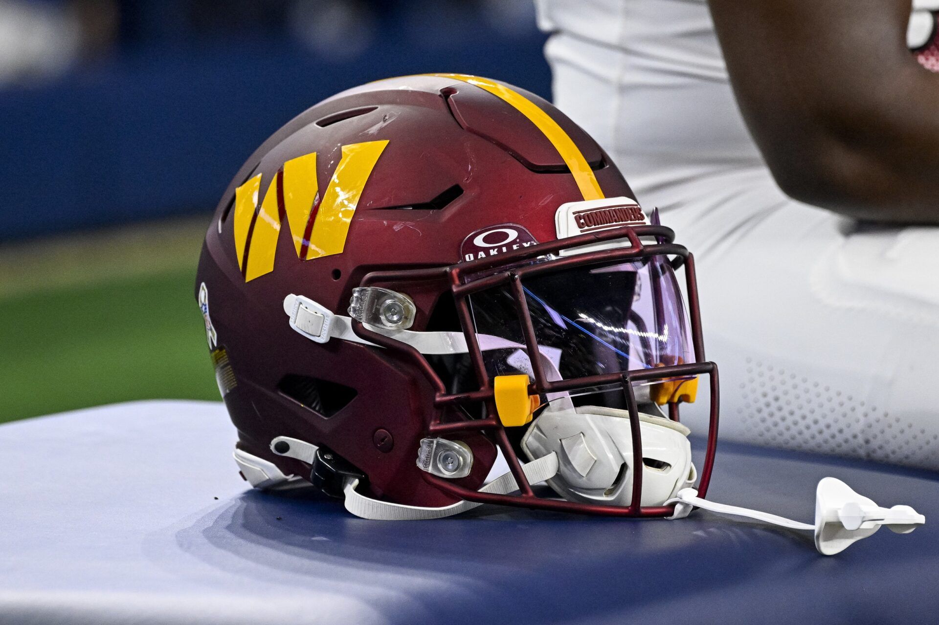 A view of a Washington Commanders helmet during the game between the Dallas Cowboys and the Washington Commanders at AT&T Stadium.