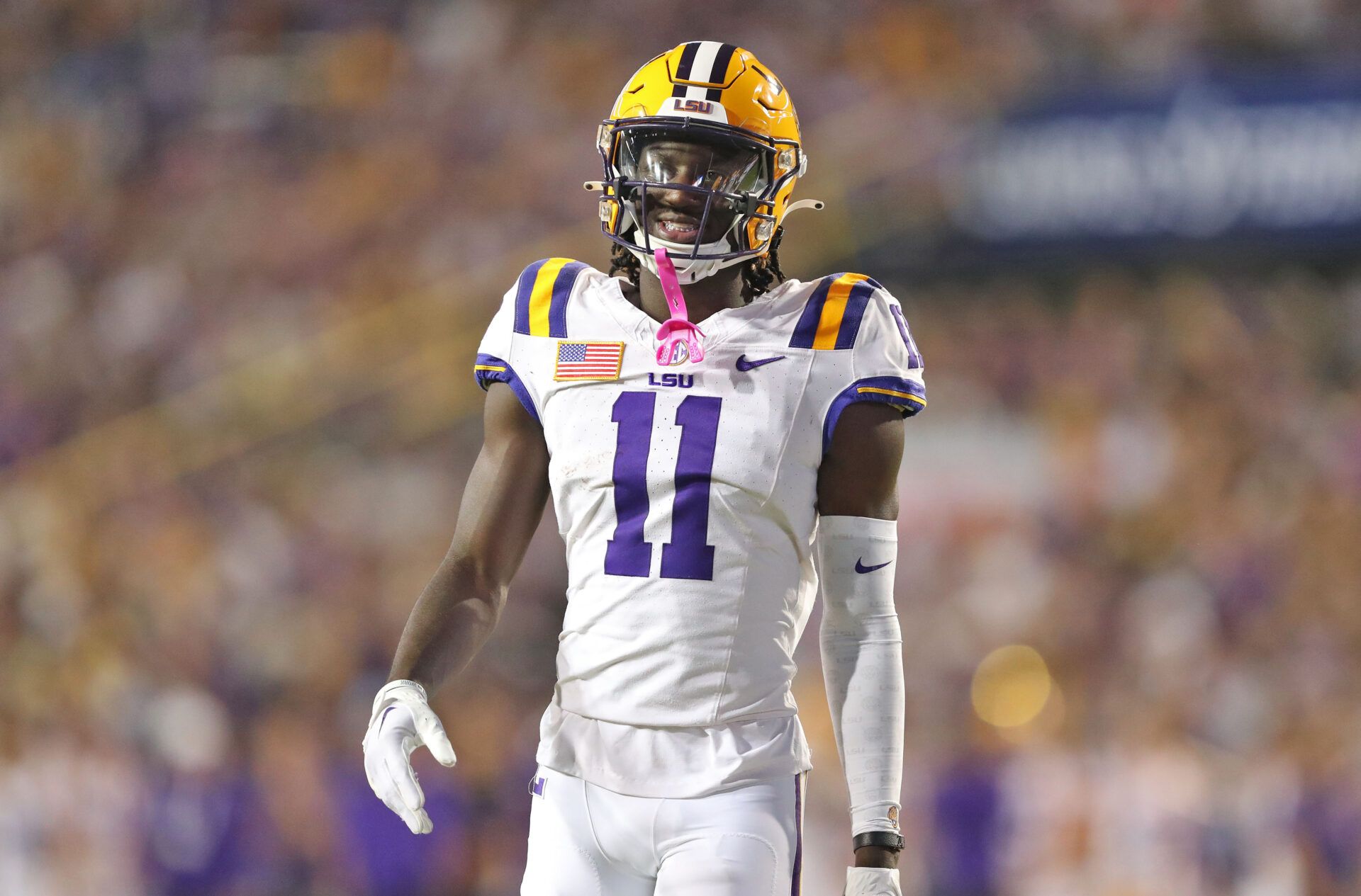 Oct 21, 2023; Baton Rouge, Louisiana, USA; LSU Tigers wide receiver Brian Thomas Jr. (11) smiles during the first half against the Army Black Knights at Tiger Stadium. Mandatory Credit: Danny Wild-USA TODAY Sports