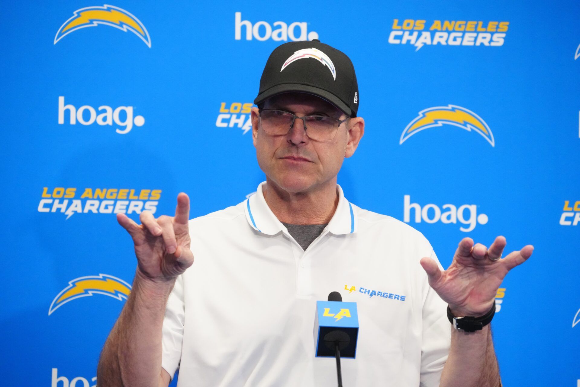 Los Angeles Chargers coach Jim Harbaugh speaks at press conference at Hoag Performance Center.